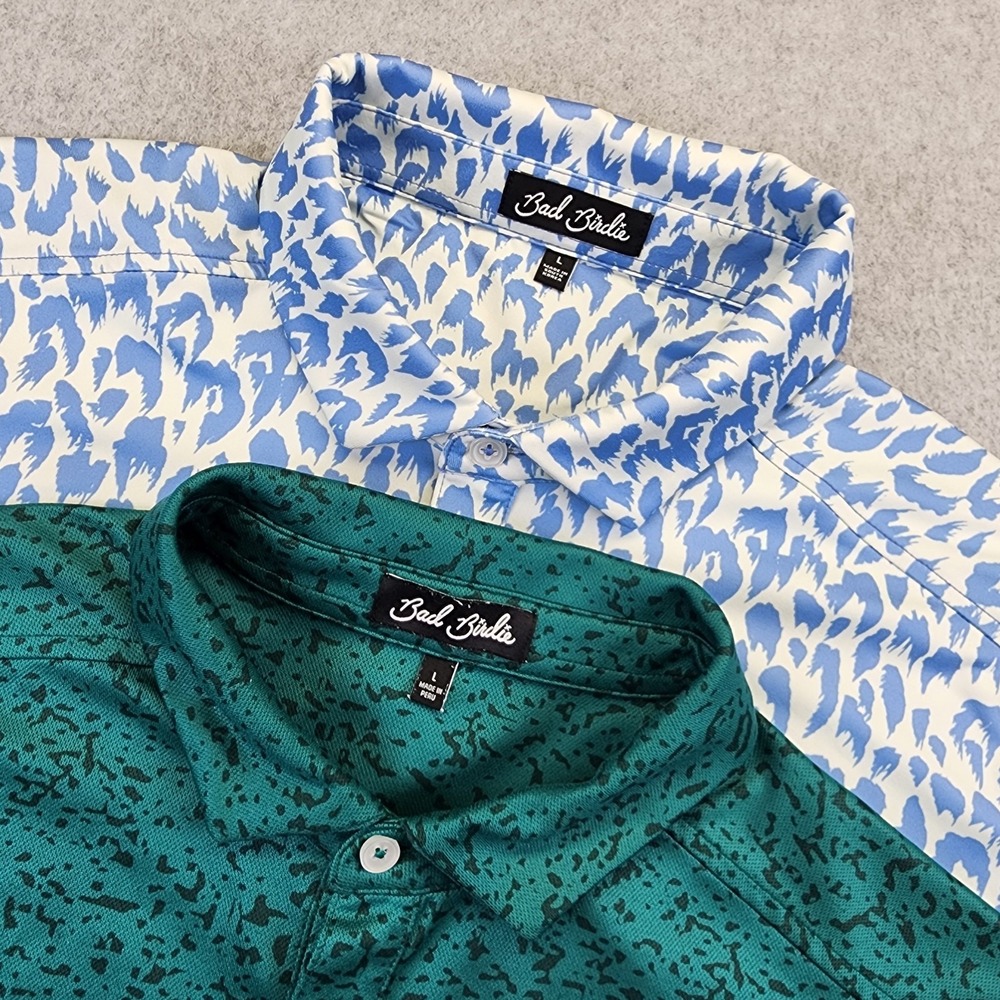 Bad Birdie Lot Of 2 Mens L All Over Print AOP Golf Polo Shirts Abstract Camo